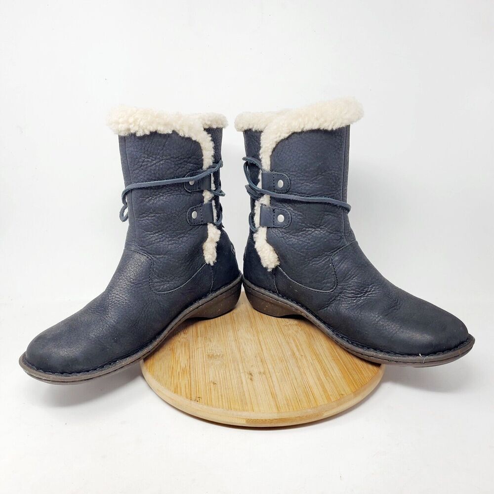 UGG Akadia Boots Women 9 Black Nubuck‎ Leather Shearling Wrap Tie Winter Shoes - Picture 10 of 13